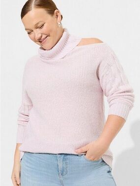 Torrid Size 4X Lurex Cable Pullover Cold Shoulder Turtle Neck Sweater Pink